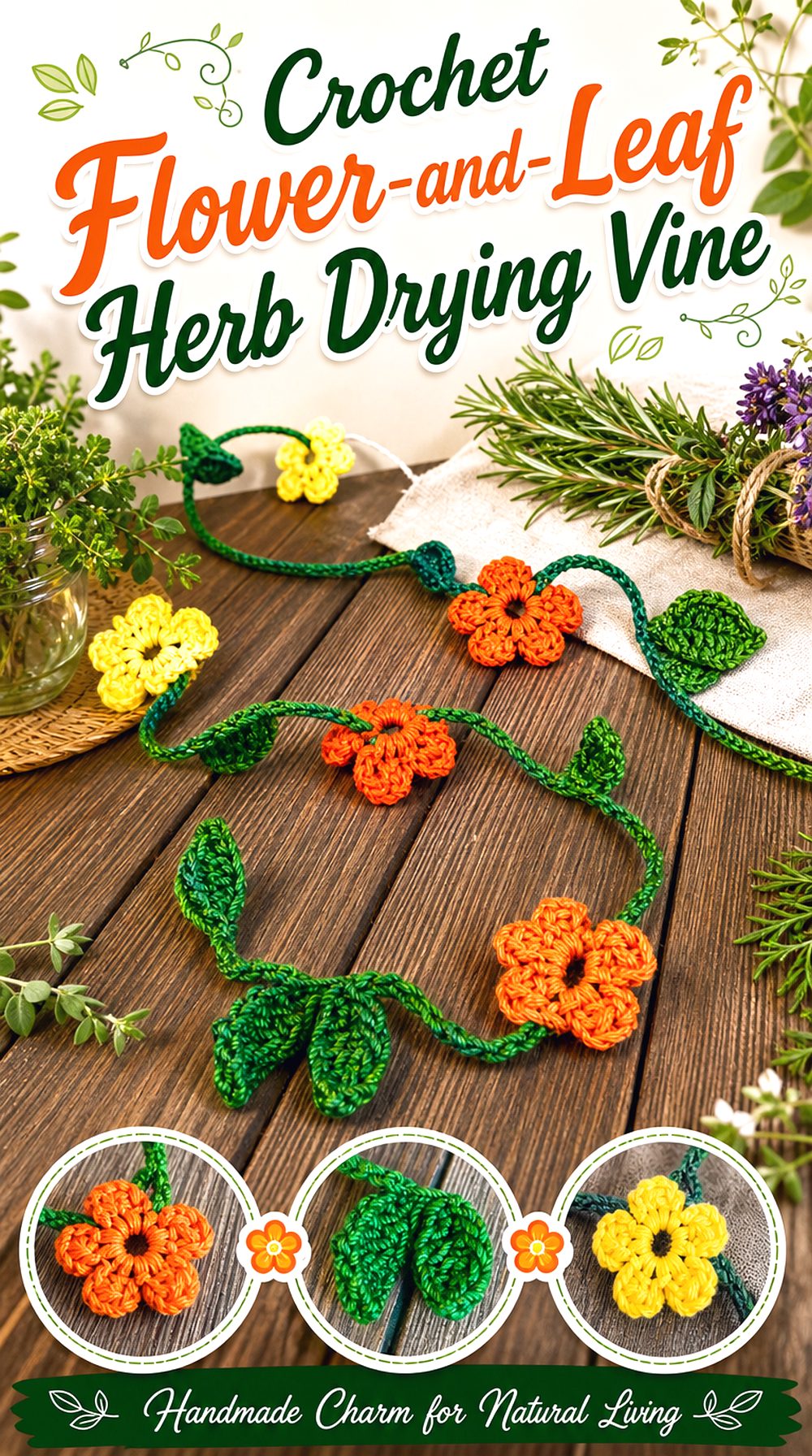 Crochet Flower and Leaf Herb Drying Vine