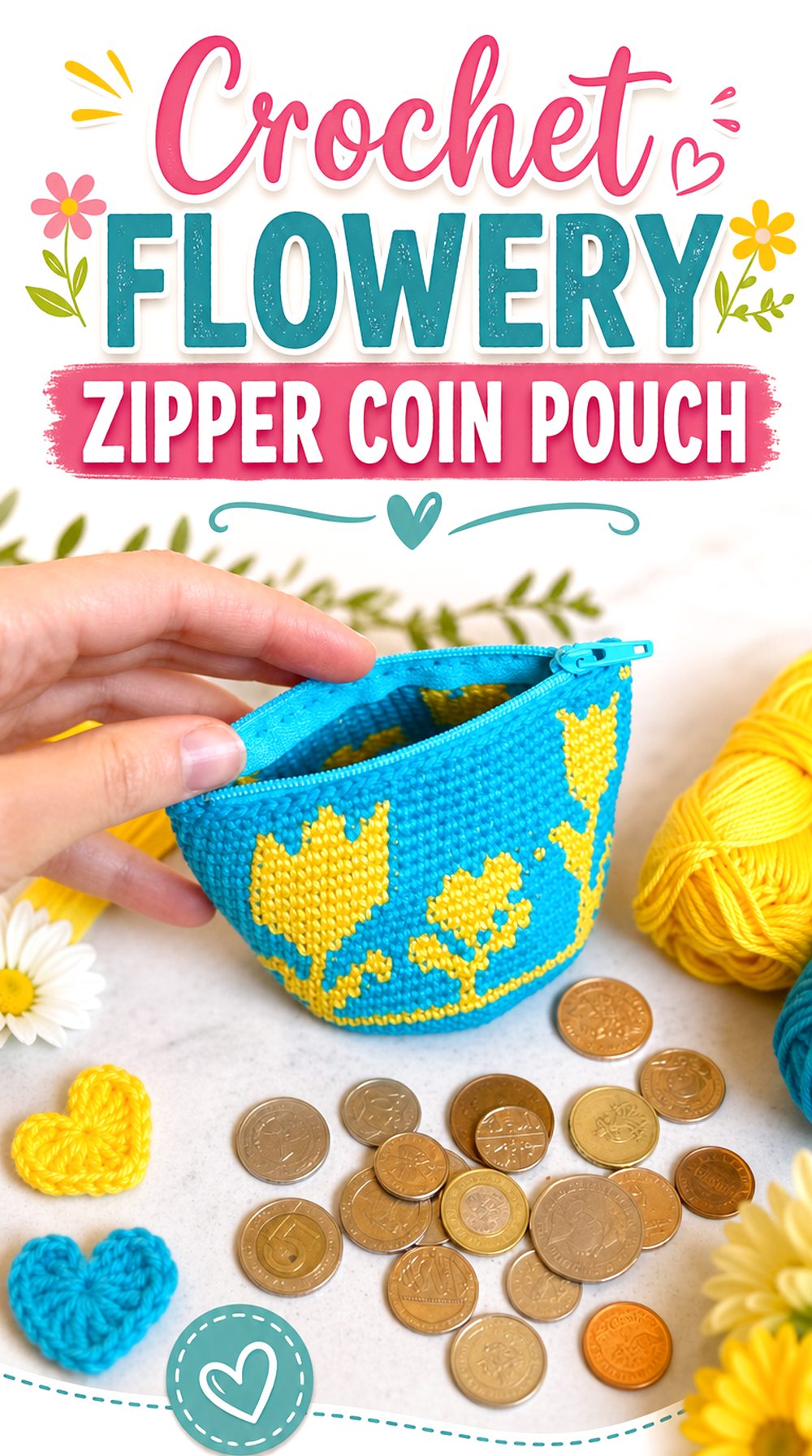 Crochet Flowery Zipper Coin Pouch