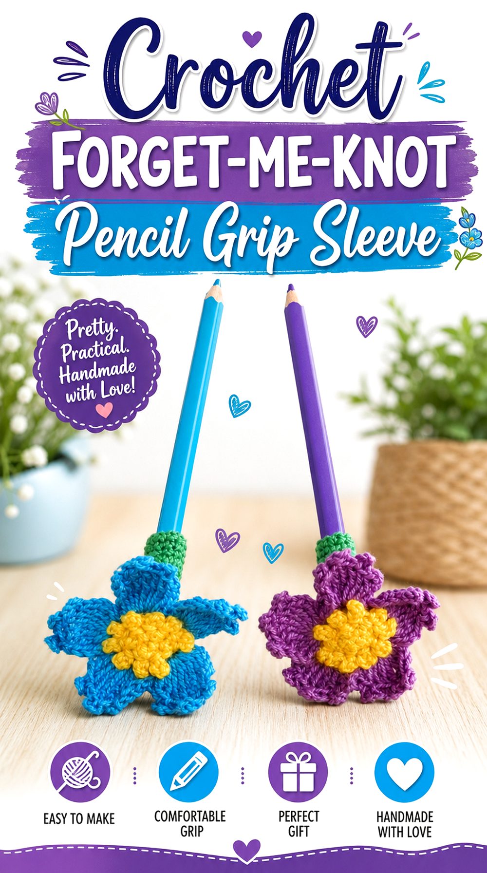 Crochet Forget Me Knot Pencil Grip Sleeve