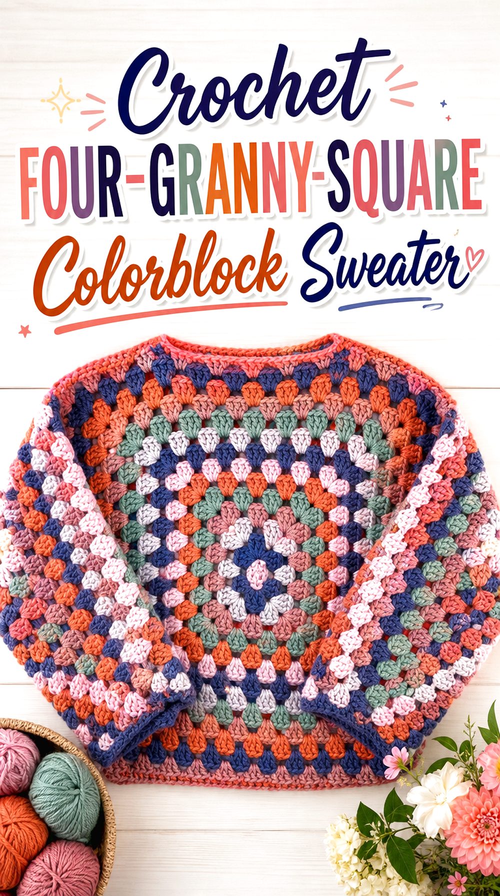 Crochet Four Granny Square Colorblock Sweater
