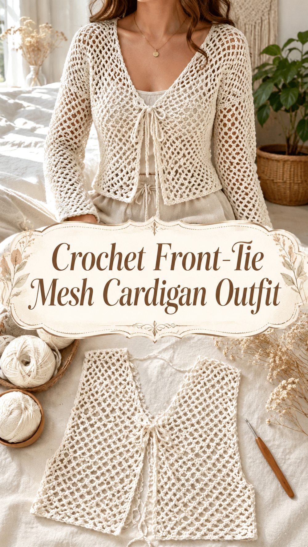 Crochet Front Tie Mesh Cardigan Outfit