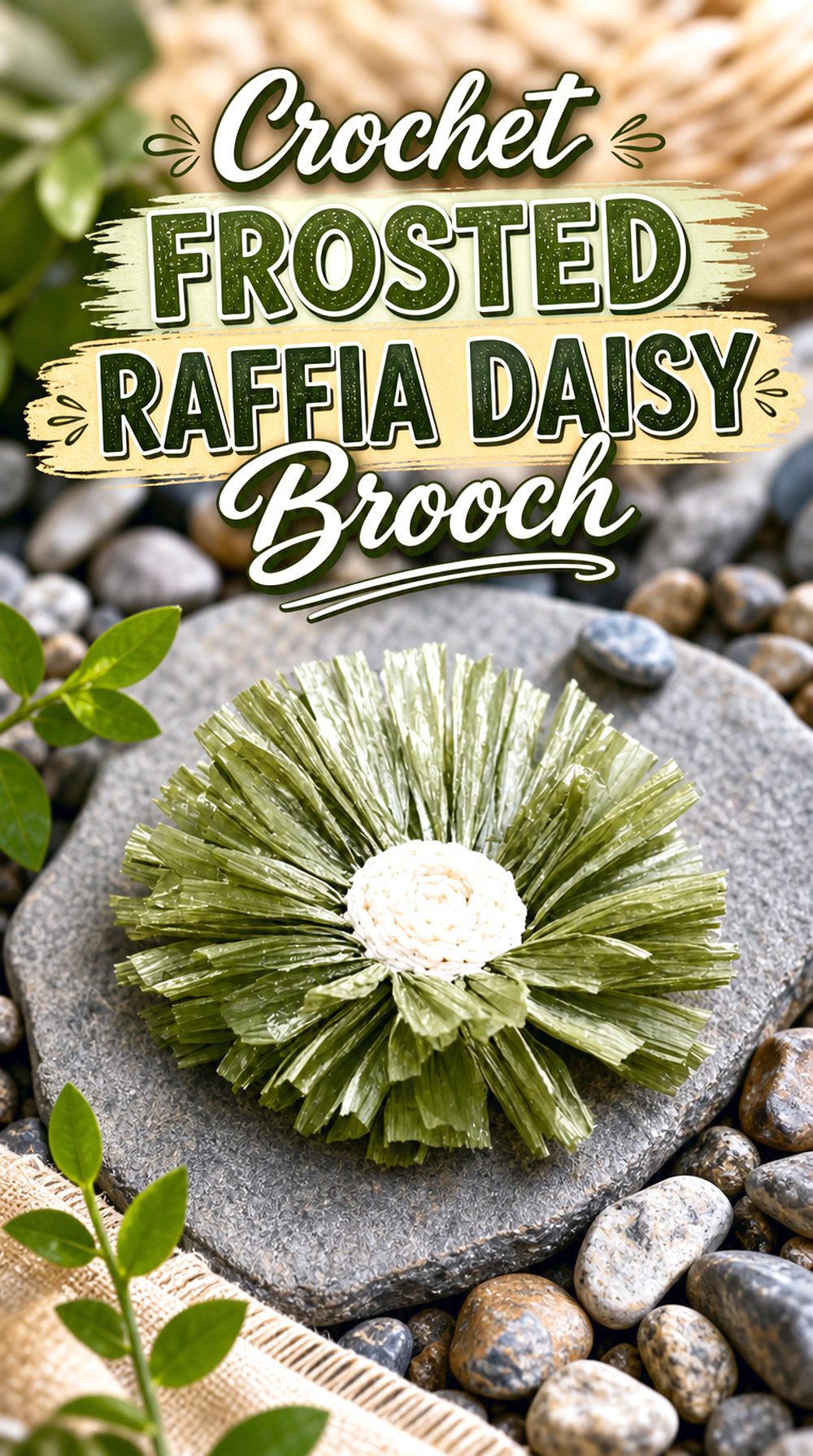 Crochet Frosted Raffia Daisy Brooch