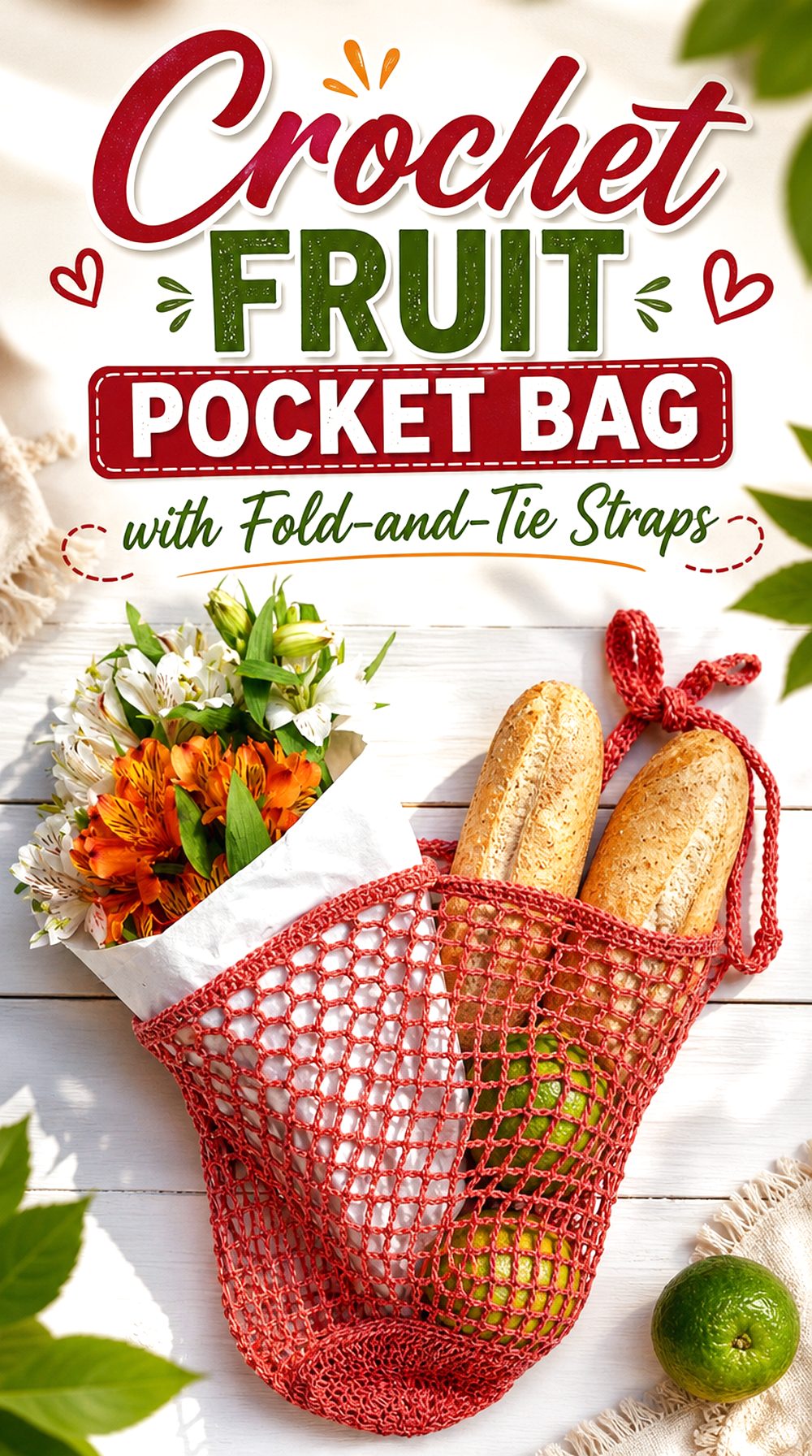 Crochet Fruit Pocket Bag with Fold and Tie Straps