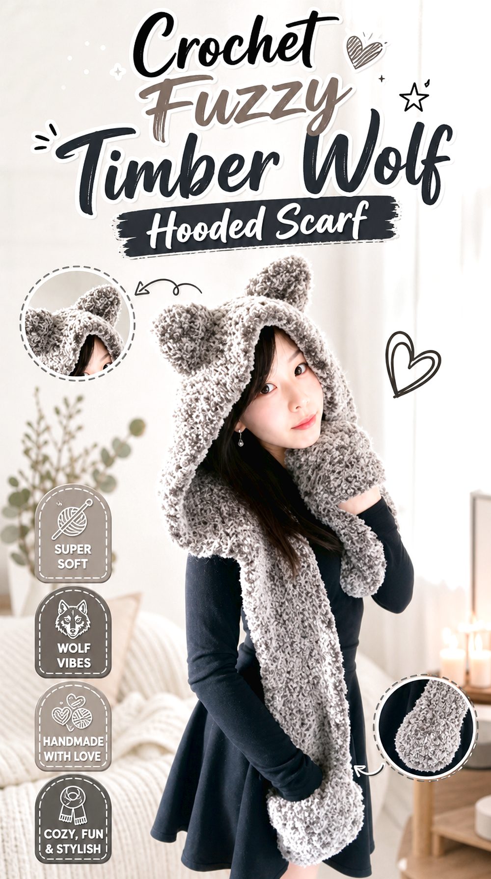 Crochet Fuzzy Timber Wolf Hooded Scarf