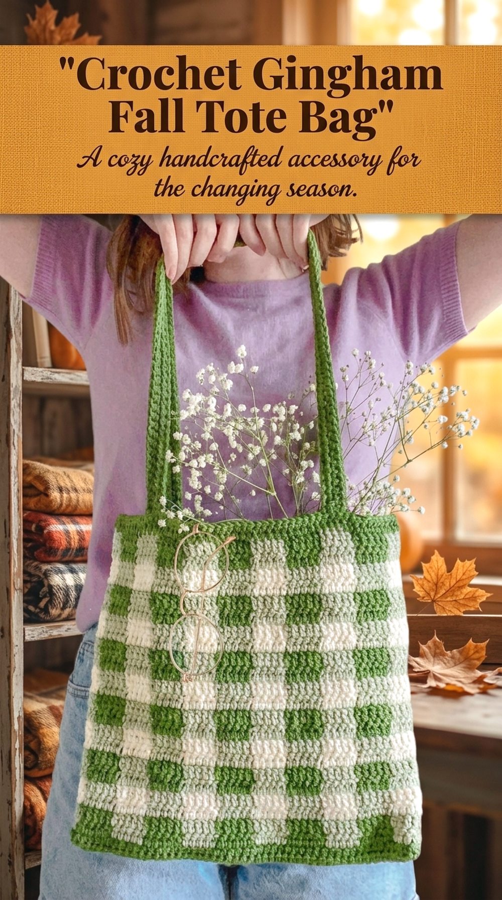 Crochet Gingham Fall Tote Bag