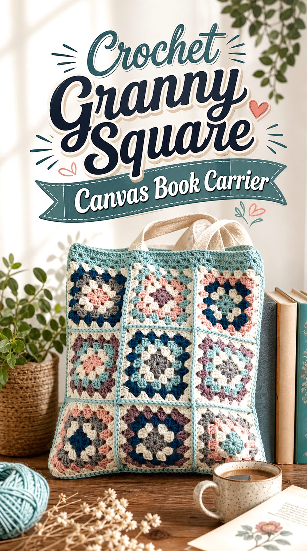 Crochet Granny Square Canvas Book Carrier