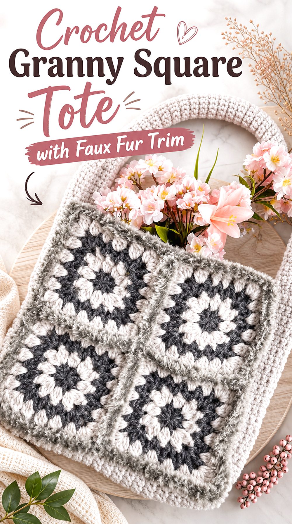 Crochet Granny Square Tote with Faux Fur Trim