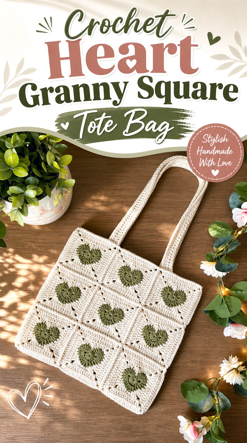 Crochet Heart Granny Square Tote Bag