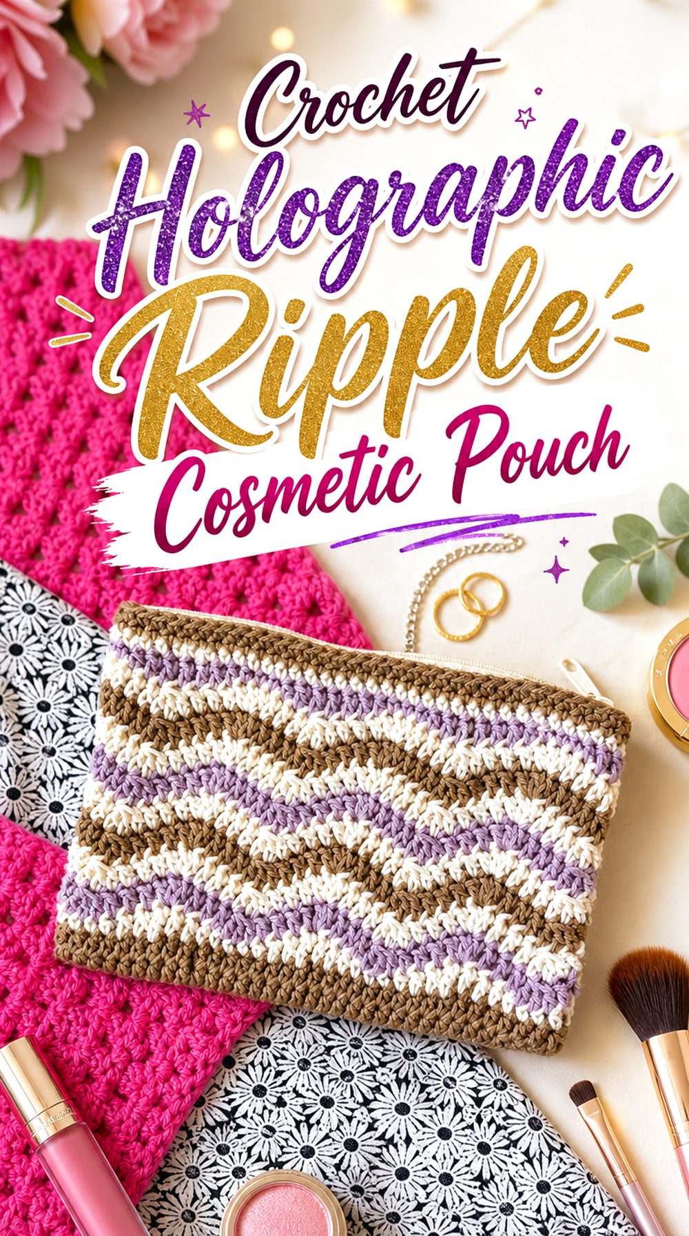 Crochet Holographic Ripple Cosmetic Pouch
