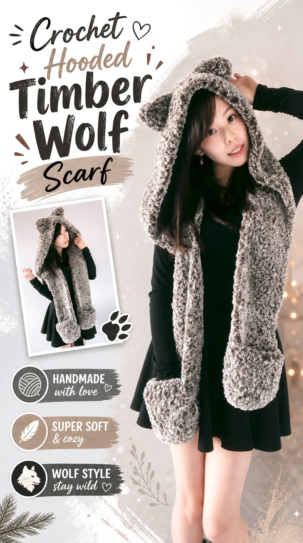 Crochet Hooded Timber Wolf Scarf