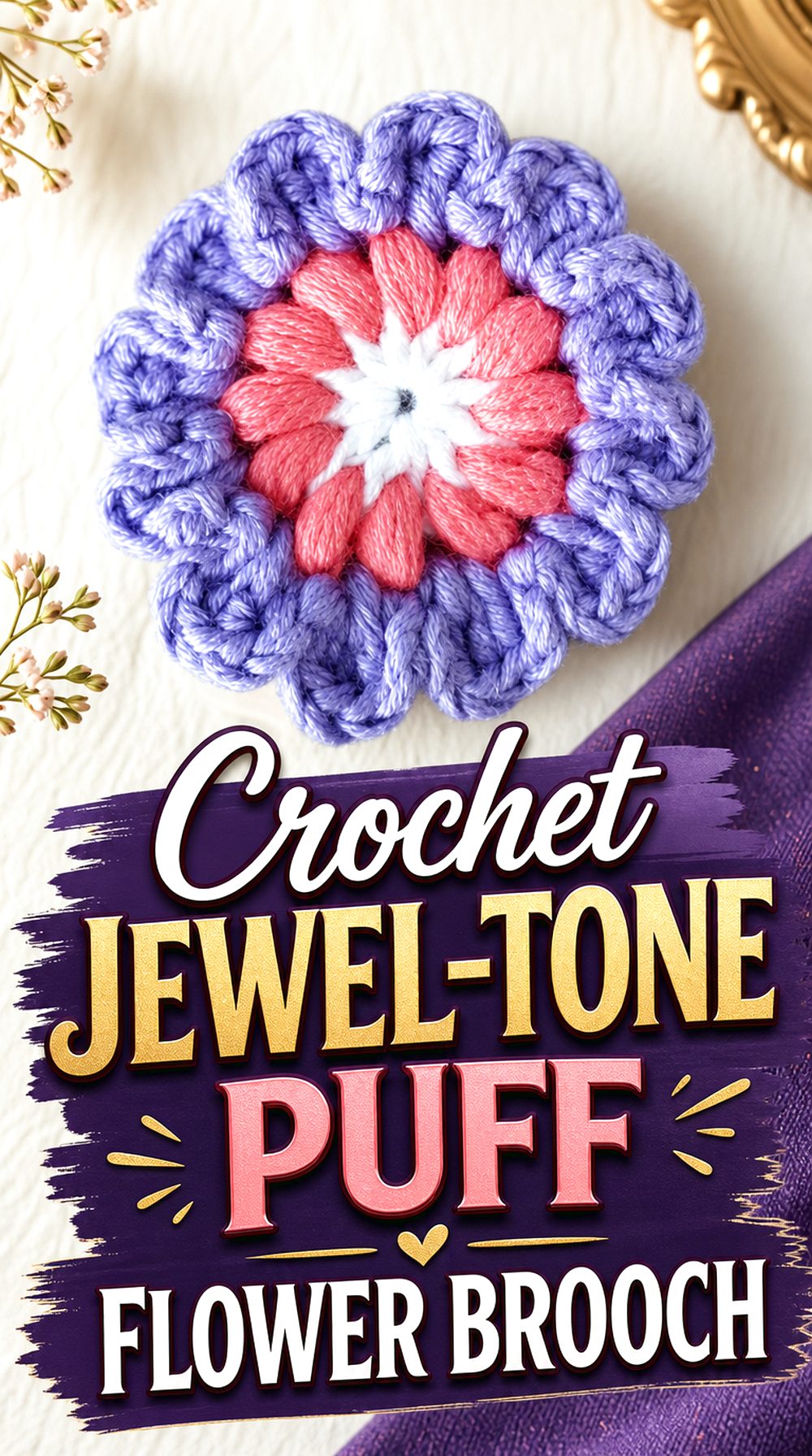 Crochet Jewel Tone Puff Flower Brooch