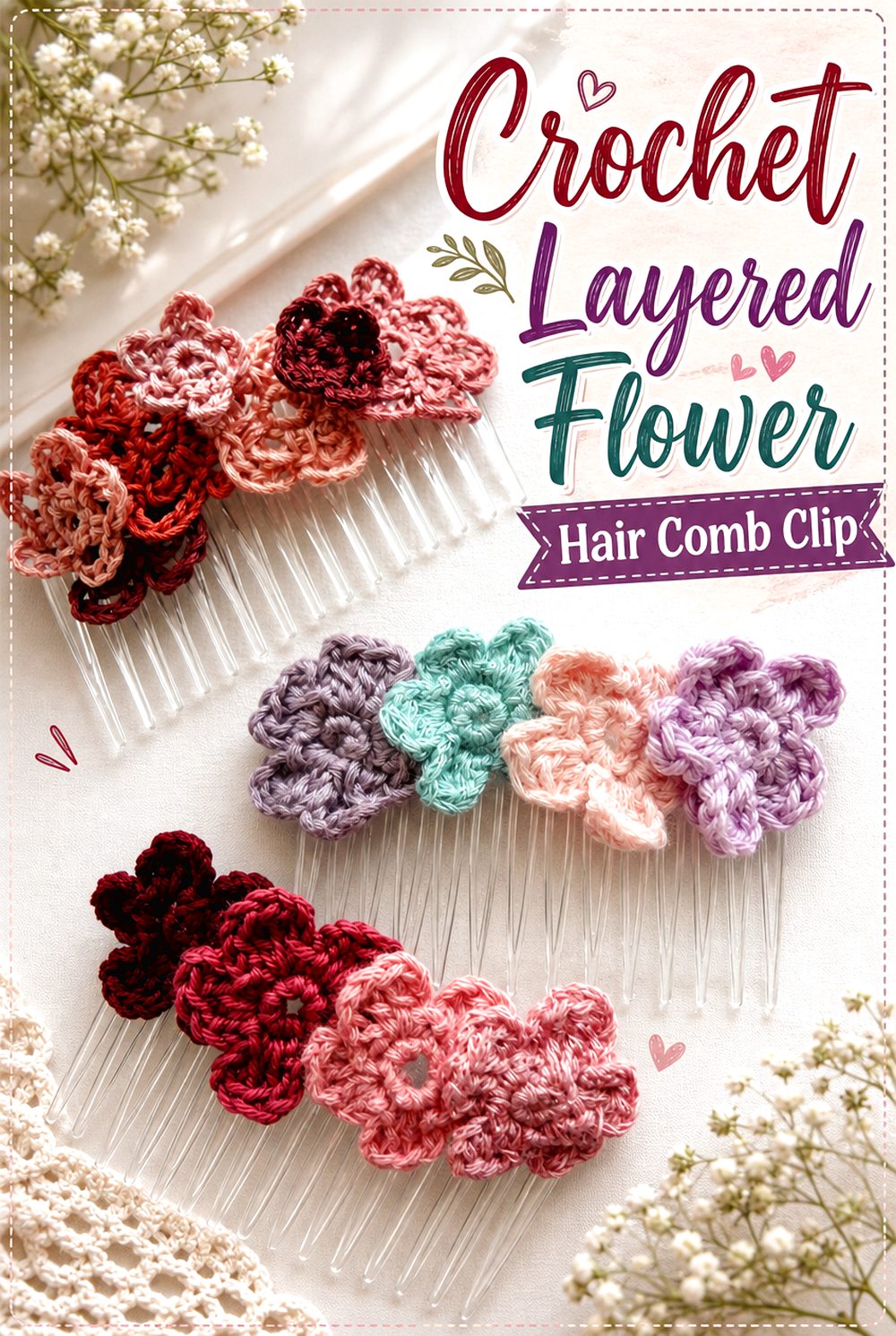 Crochet Layered Flower Hair Comb Clip