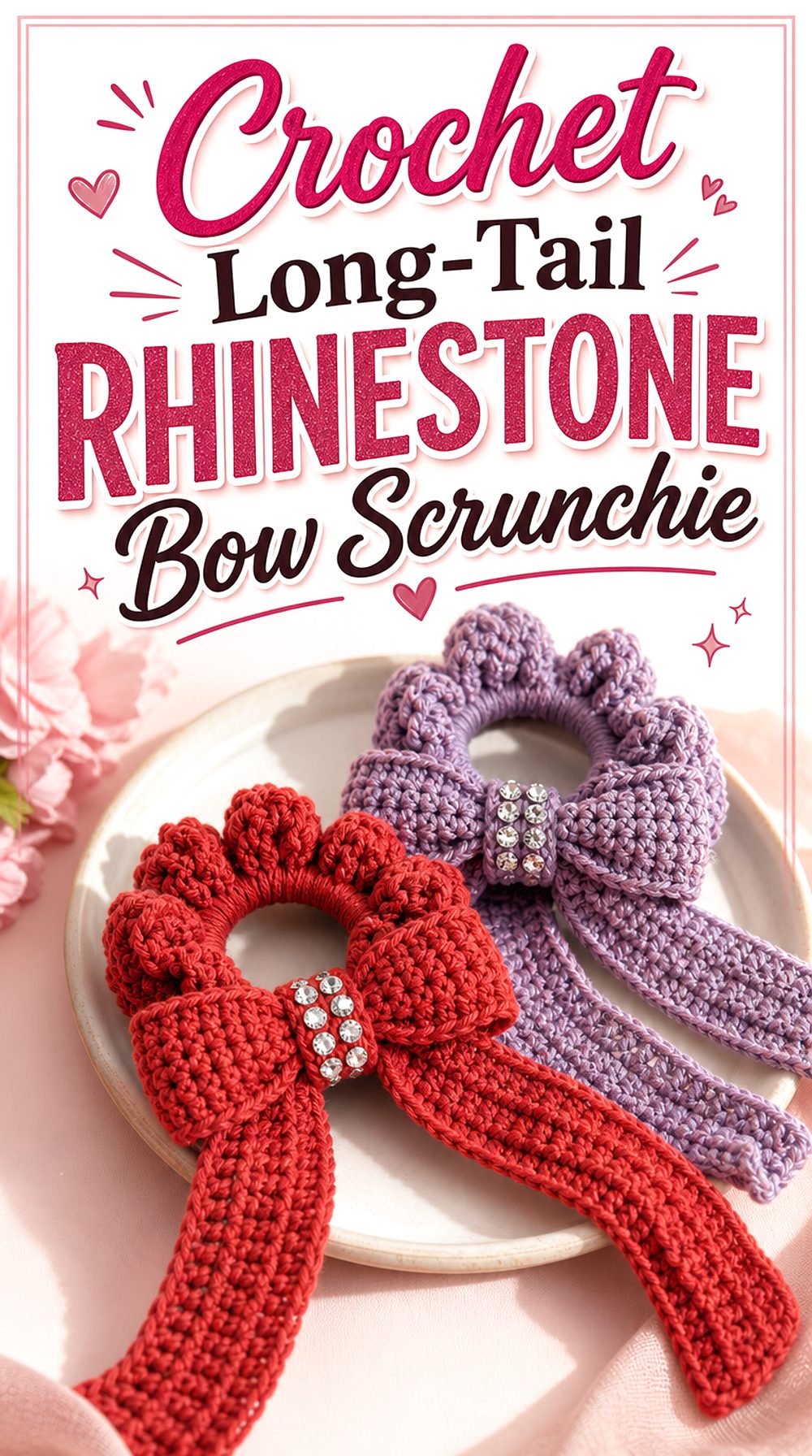 Crochet Long Tail Rhinestone Bow Scrunchie
