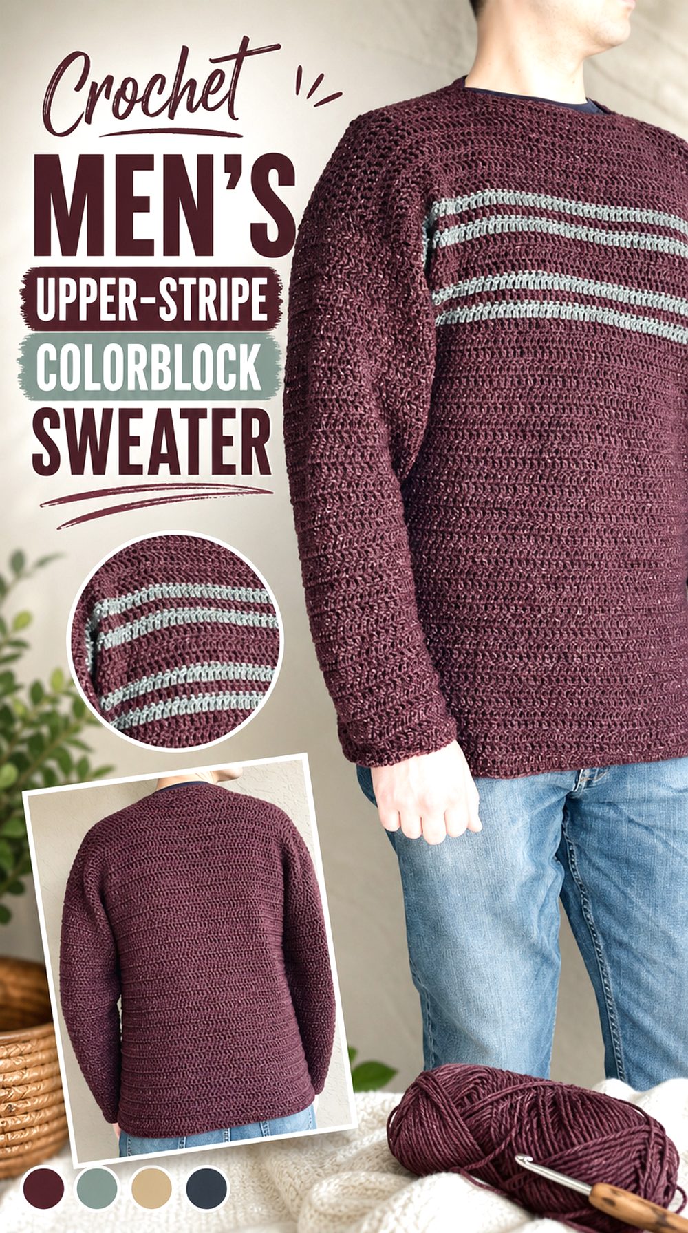 Crochet Men’s Upper Stripe Colorblock Sweater