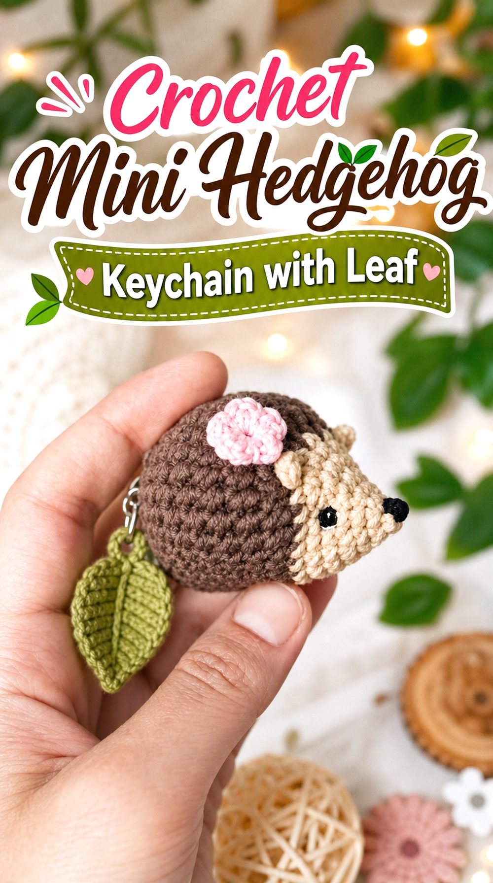 Crochet Mini Hedgehog Keychain with Leaf