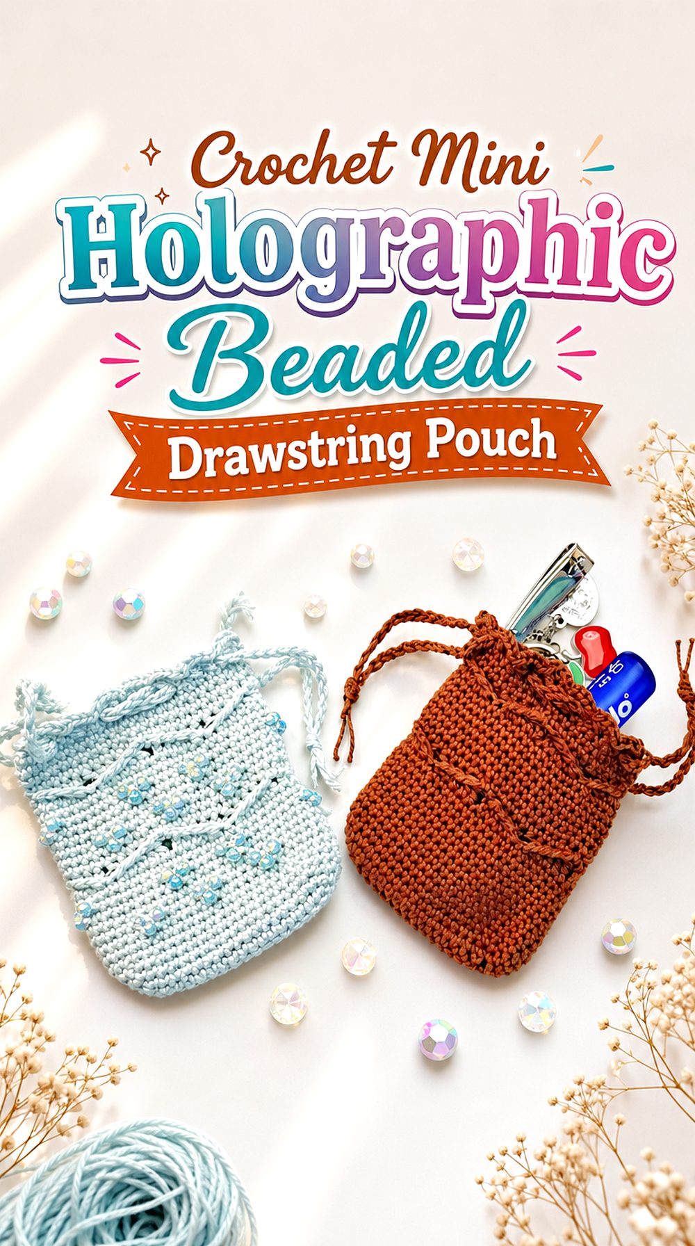 Crochet Mini Holographic Beaded Drawstring Pouch
