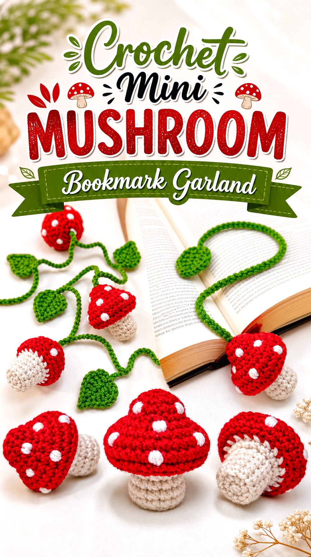 Crochet Mini Mushroom Bookmark Garland