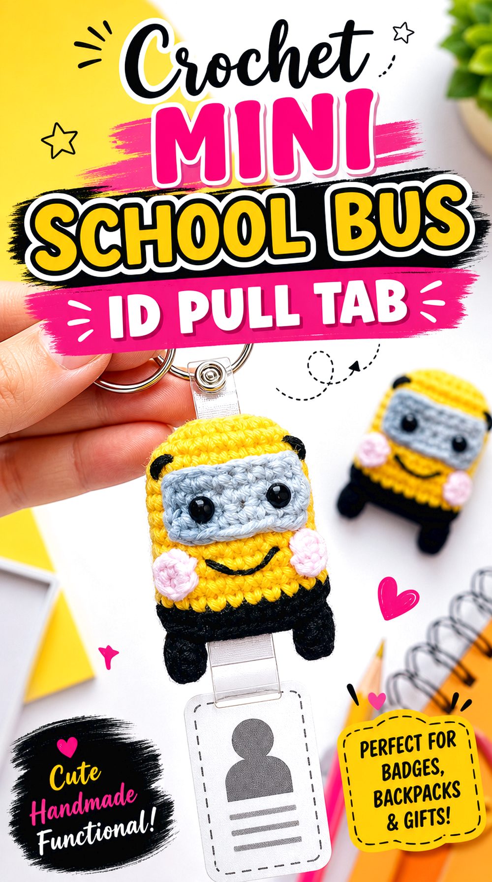 Crochet Mini School Bus ID Pull Tab