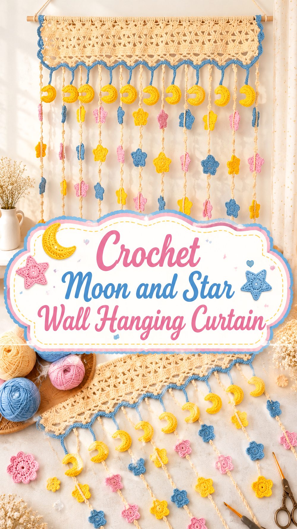 Crochet Moon and Star Wall Hanging Curtain