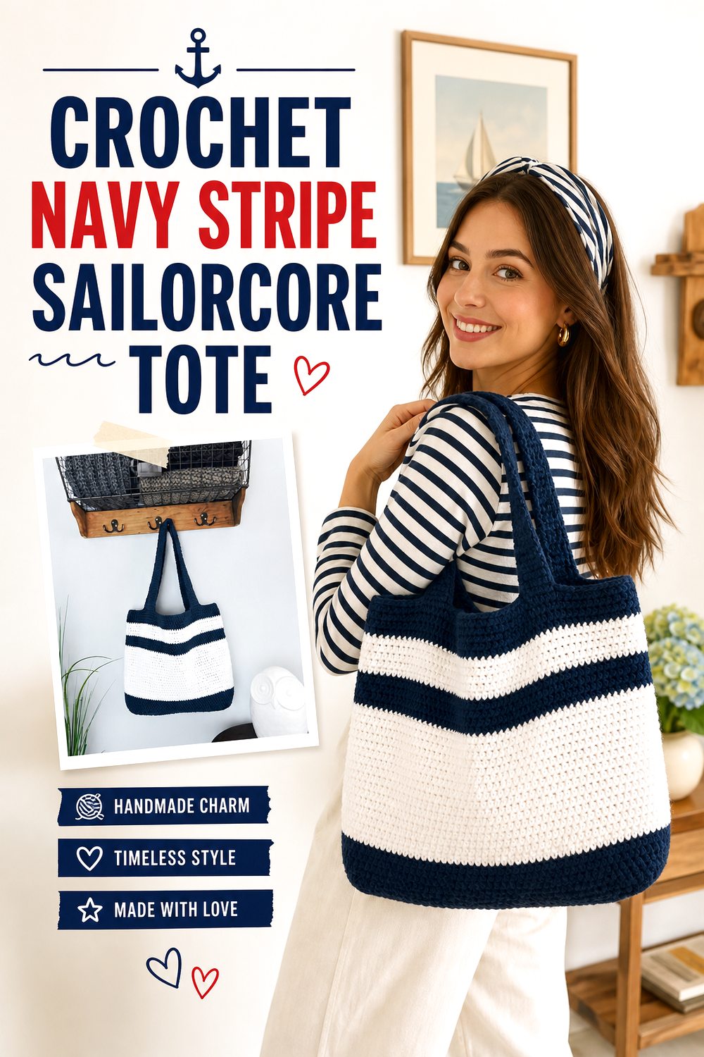 Crochet Navy Stripe Sailorcore Tote