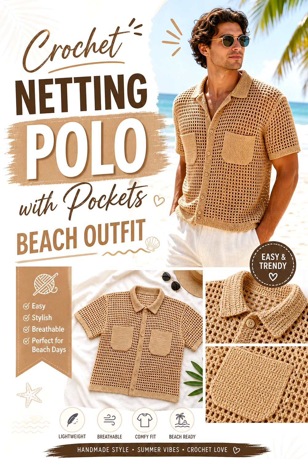 Crochet Netting Polo with Pockets Beach Outfit