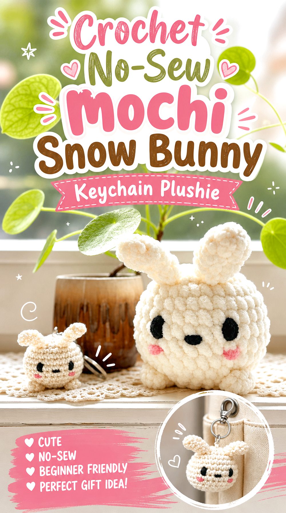 Crochet No Sew Mochi Snow Bunny Keychain Plushie