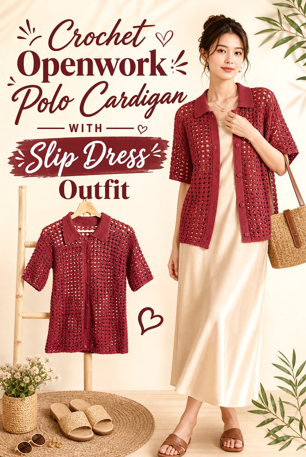 Crochet Openwork Polo Cardigan with Slip Dress Outfit