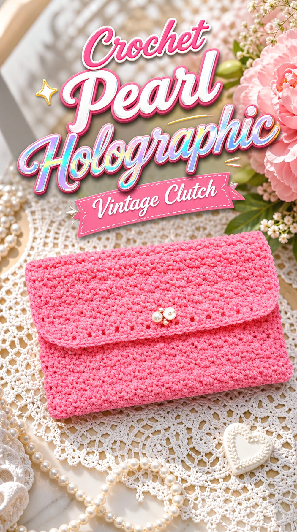 Crochet Pearl Holographic Vintage Clutch