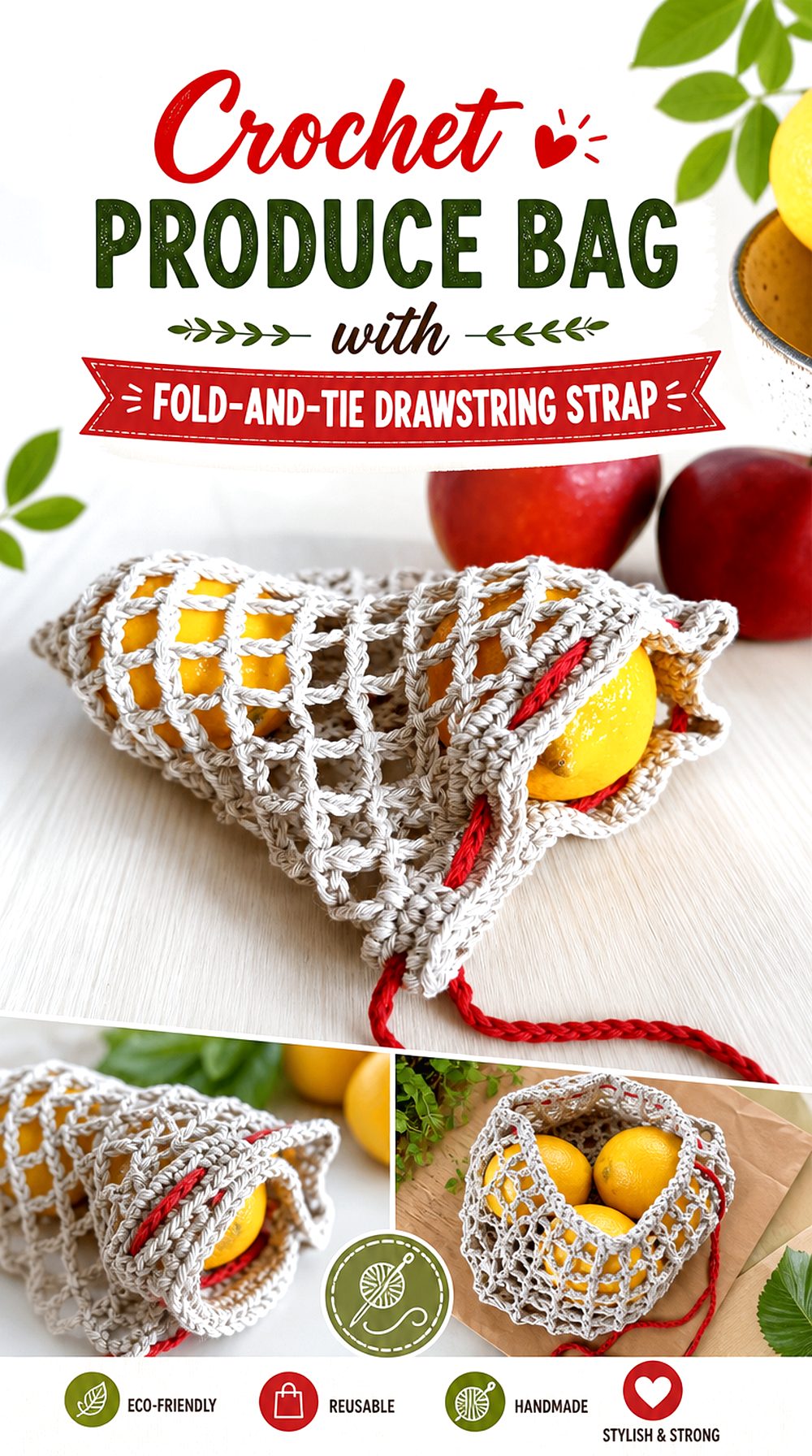 Crochet Produce Bag with Fold and Tie Drawstring Strap