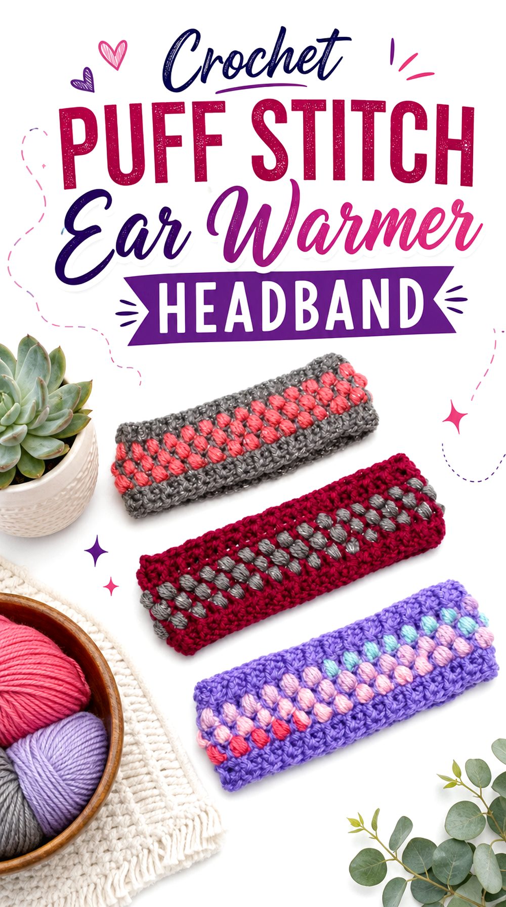 Crochet Puff Stitch Ear Warmer Headband