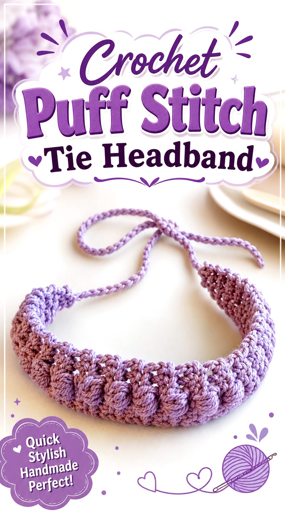 Crochet Puff Stitch Tie Headband