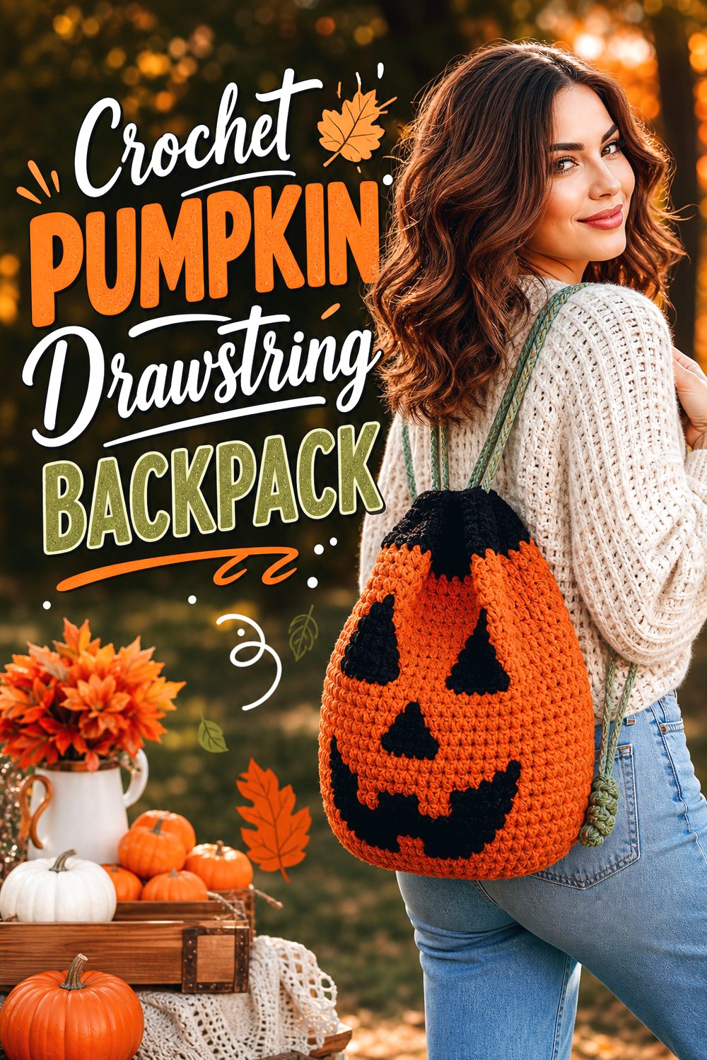 Crochet Pumpkin Drawstring Backpack