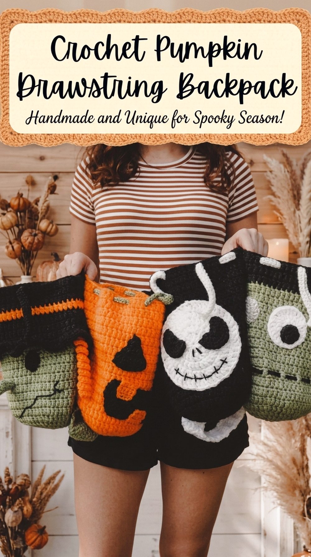 Crochet Pumpkin Drawstring Backpack