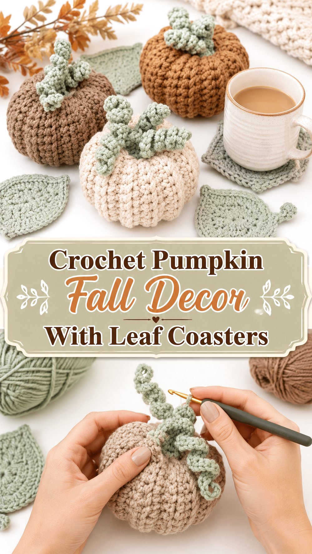 Crochet Pumpkin Fall Decor With Leaf Coasters