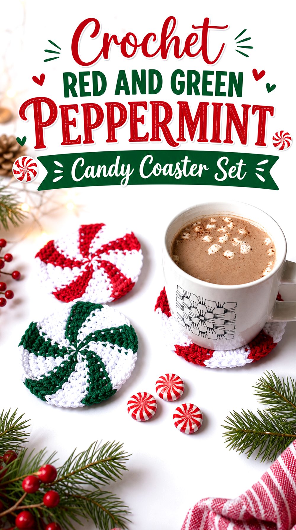 Crochet Red and Green Peppermint Candy Coaster Set