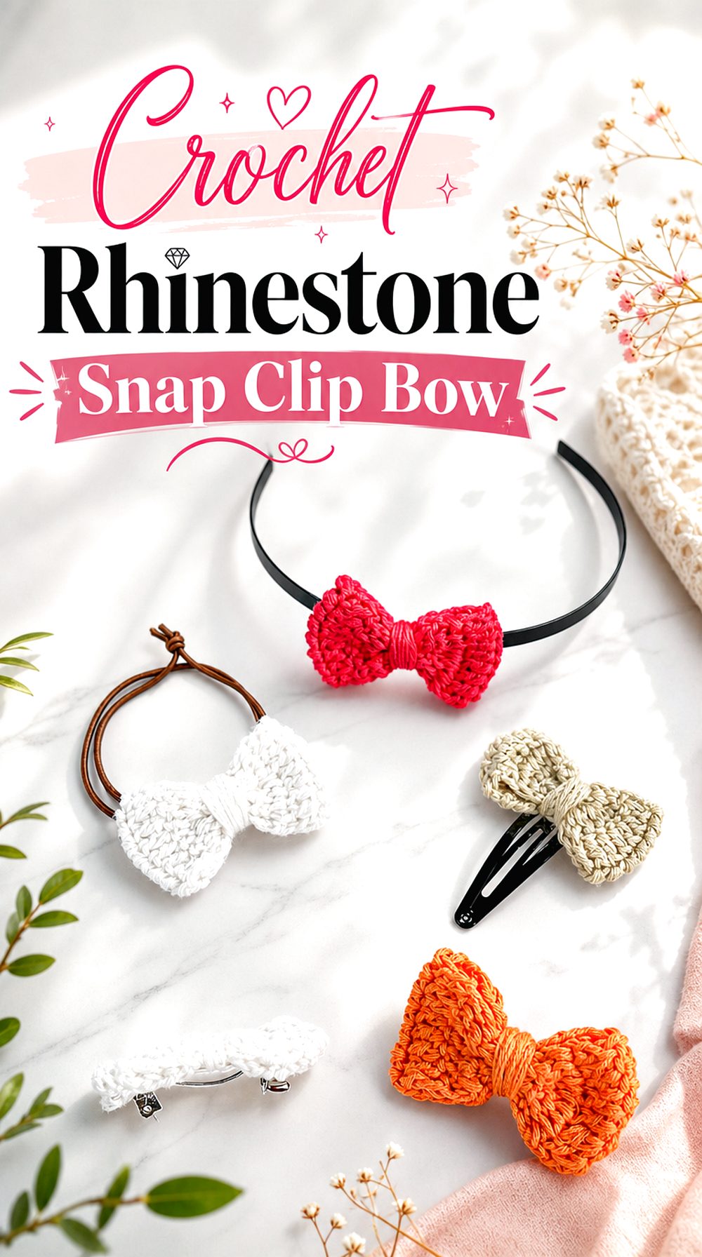 Crochet Rhinestone Snap Clip Bow