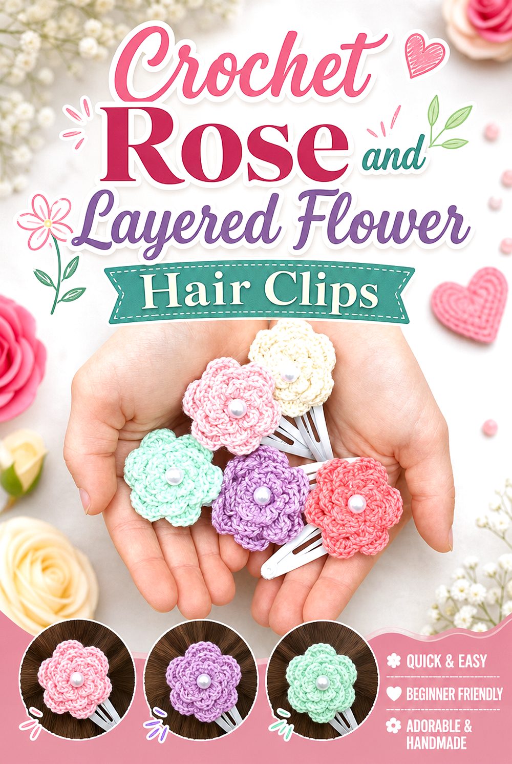 Crochet Rose and Layered Flower Hair Clips