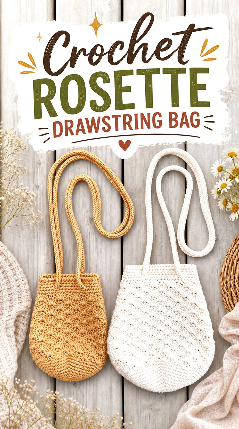 Crochet Rosette Drawstring Bag