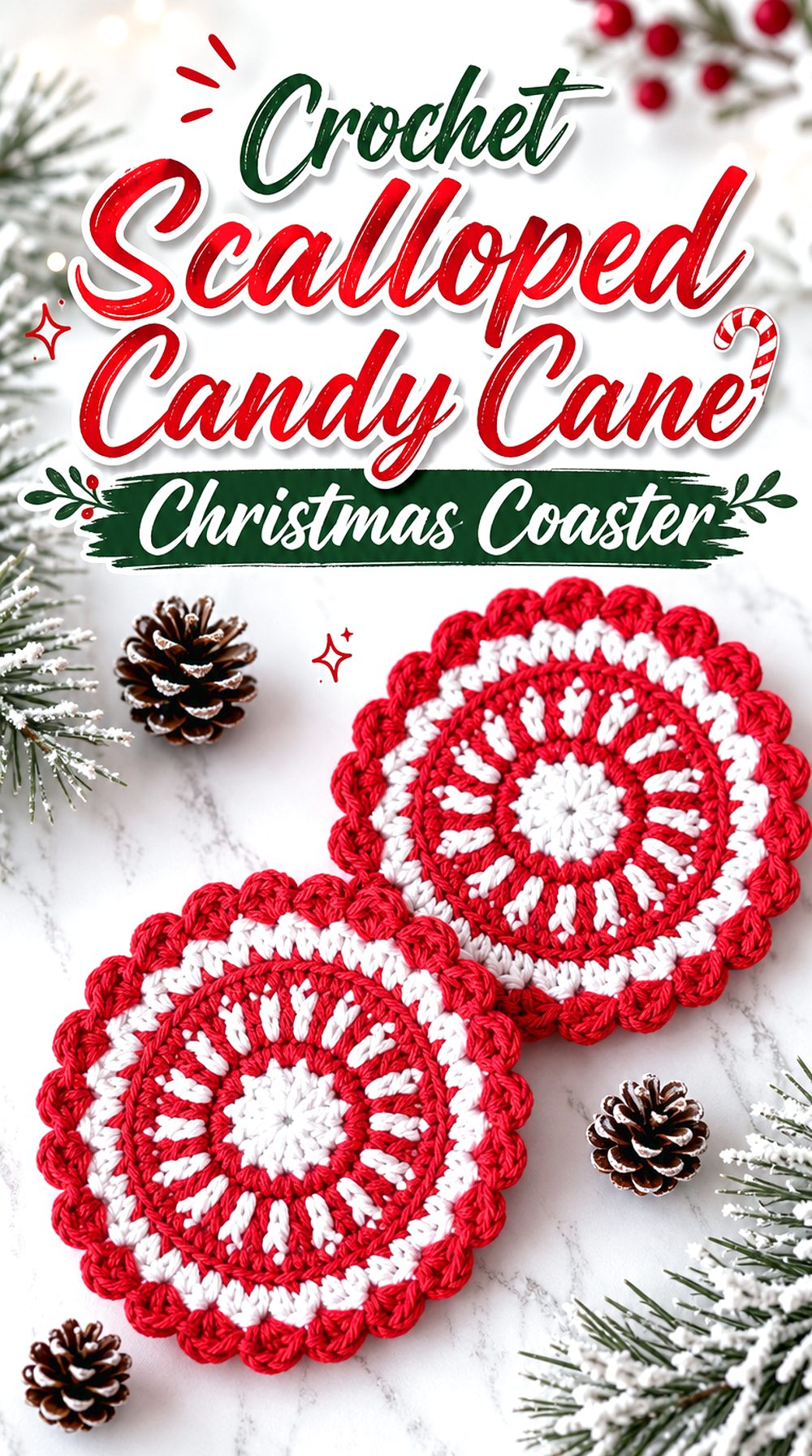 Crochet Scalloped Candy Cane Christmas Coaster