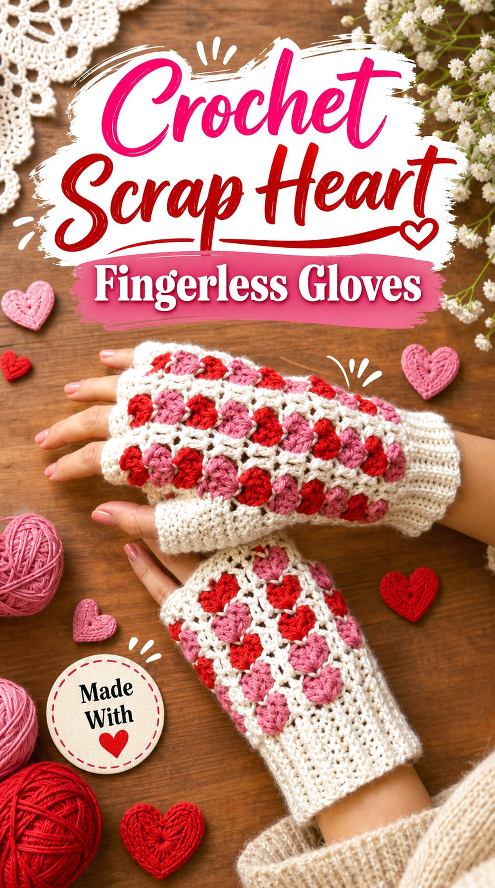 Crochet Scrap Heart Fingerless Gloves