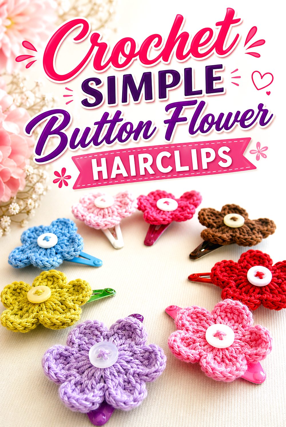 Crochet Simple Button Flower Hairclips