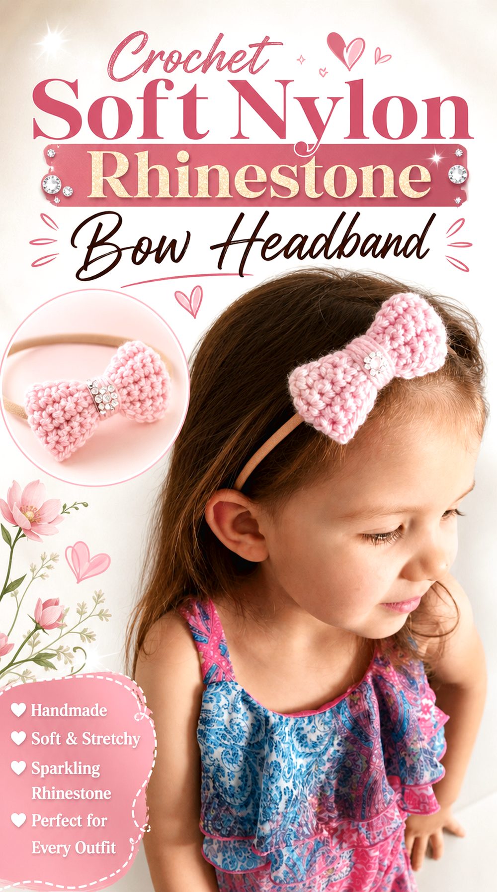 Crochet Soft Nylon Rhinestone Bow Headband