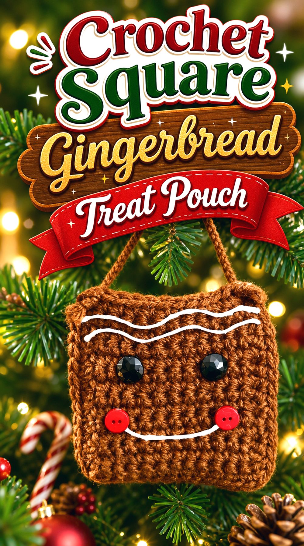 Crochet Square Gingerbread Treat Pouch