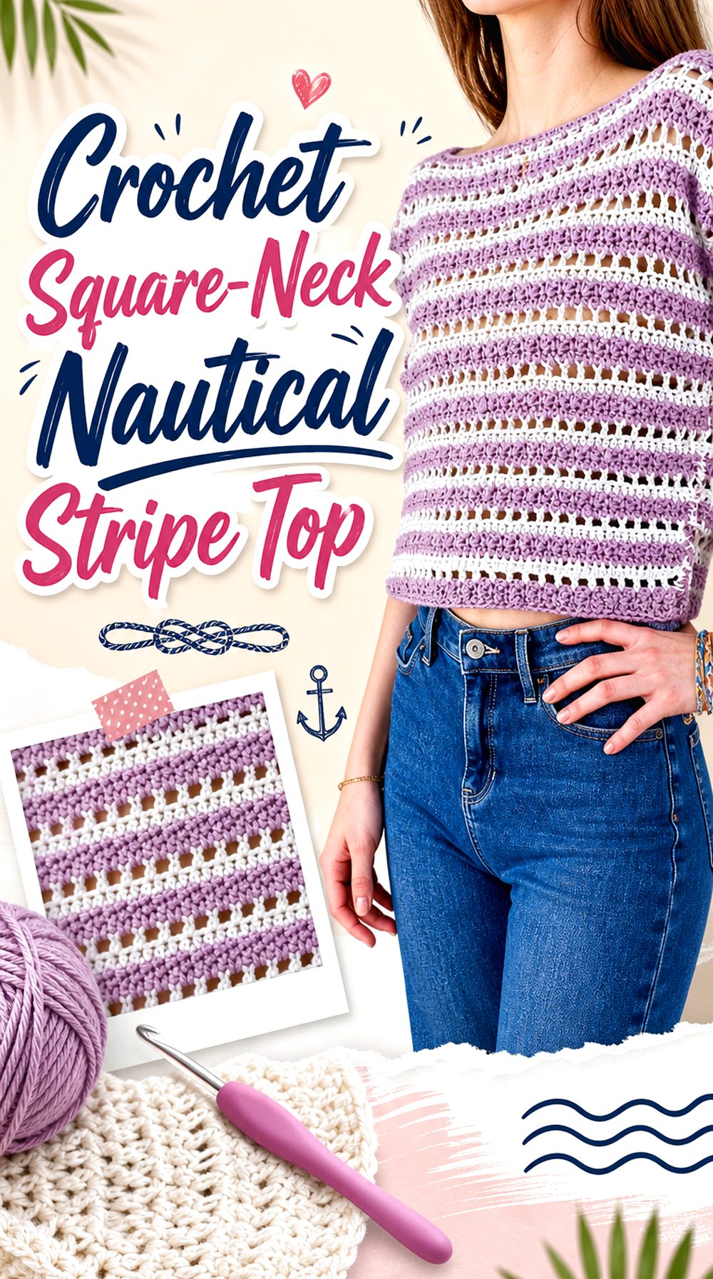 Crochet Square Neck Nautical Stripe Top