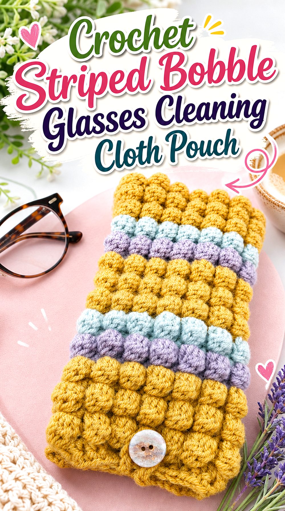 Crochet Striped Bobble Glasses Cleaning Cloth Pouch