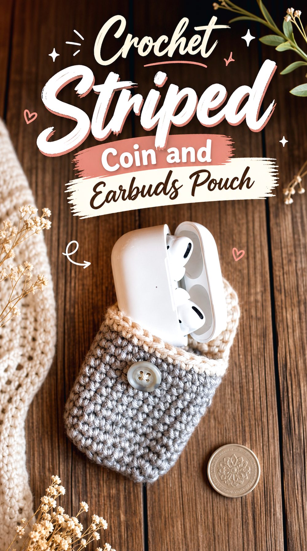 Crochet Striped Coin and Earbuds Pouch