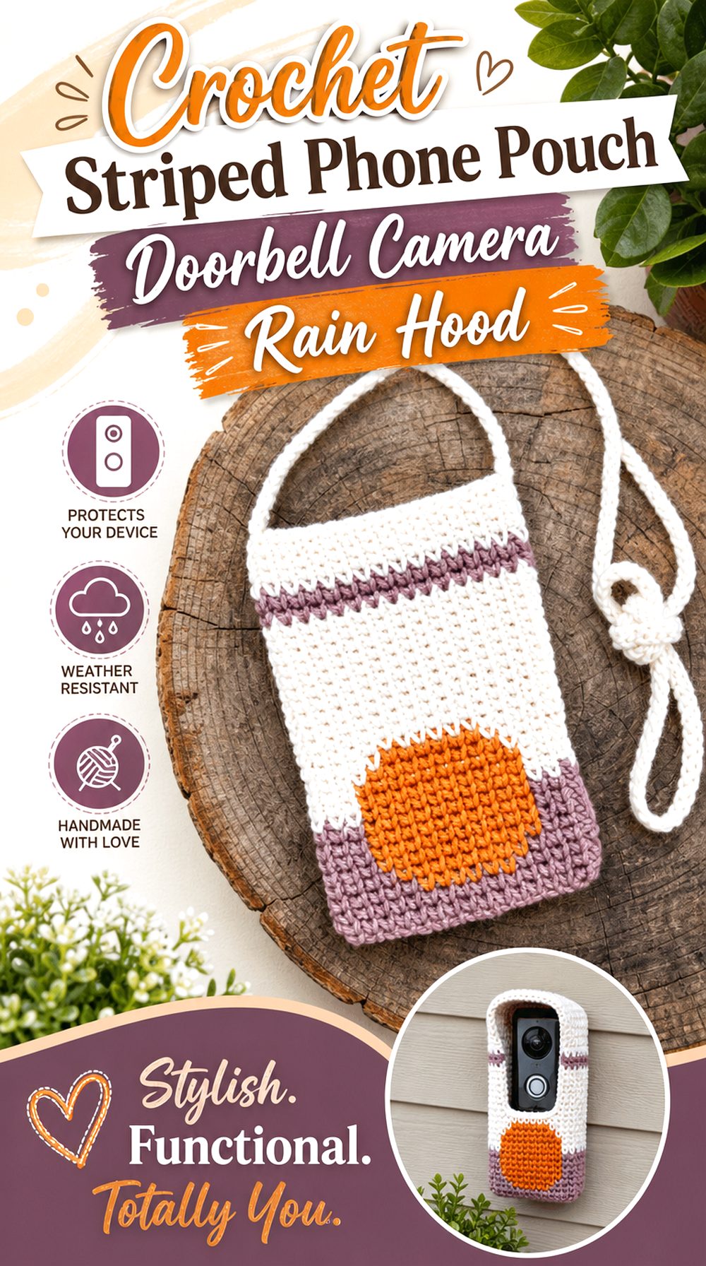Crochet Striped Phone Pouch Doorbell Camera Rain Hood