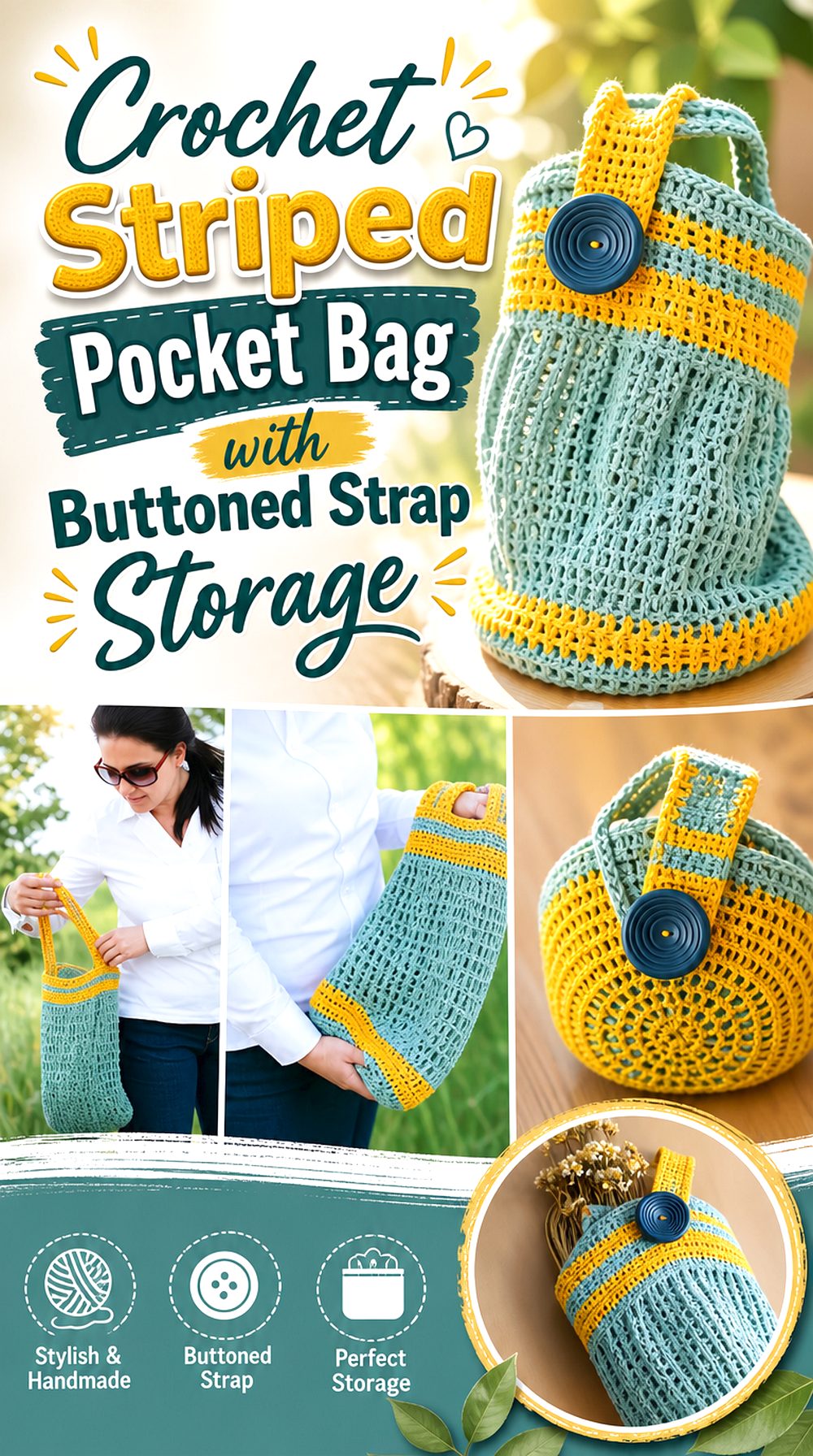 Crochet Striped Pocket Bag with Buttoned Strap Storage