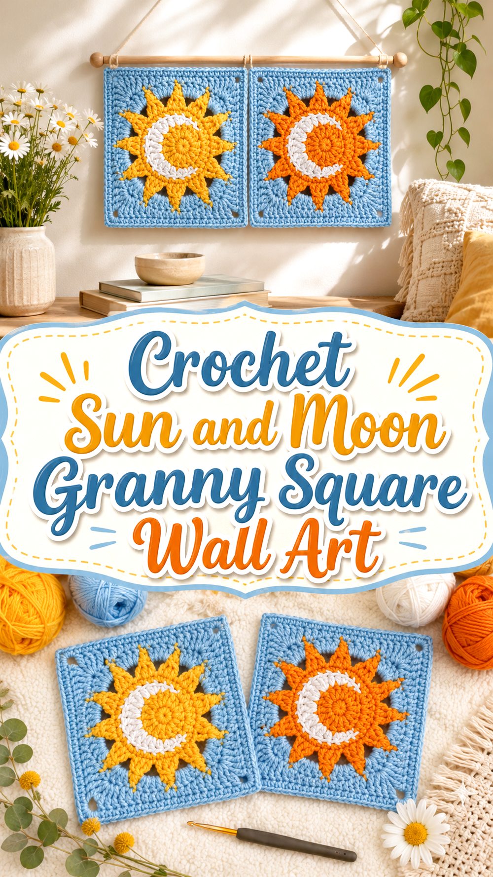 Crochet Sun and Moon Granny Square Wall Art