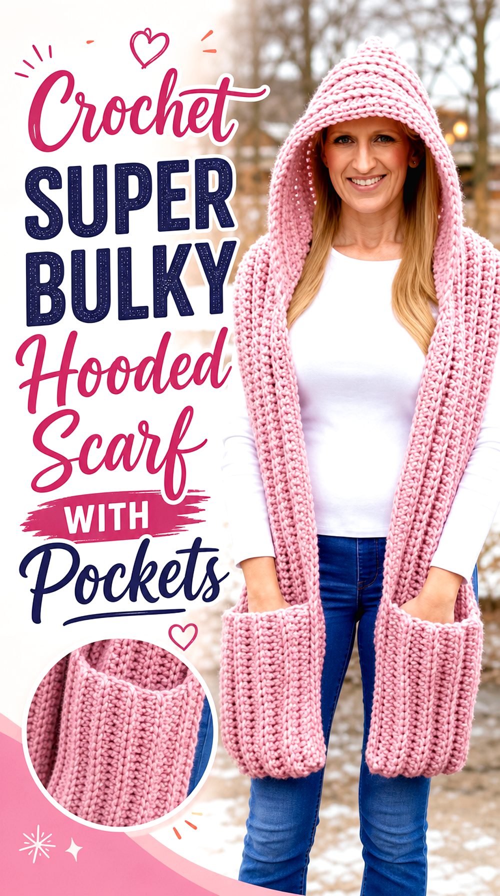 Crochet Super Bulky Hooded Scarf with Pockets